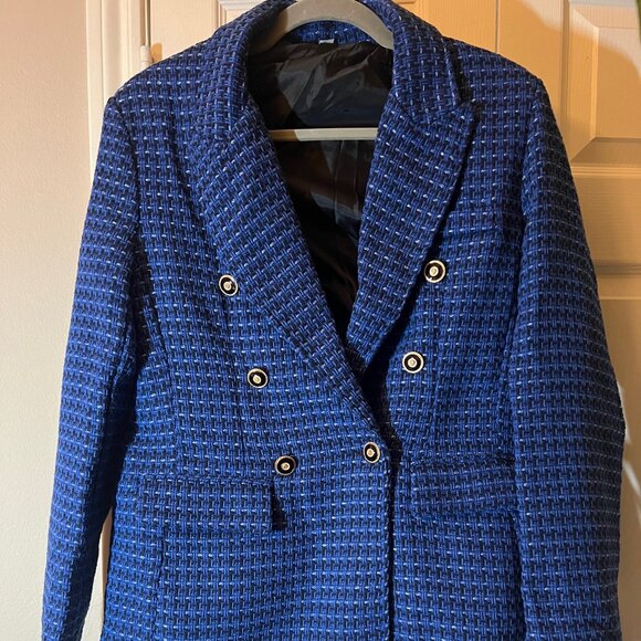 Women's Blue Textured Double-Breasted Blazer Jacket - Gold Button Detail Large - Picture 1 of 2